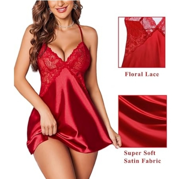 Avidlov Women Lingerie V Neck Nightwear Satin Lace Chemise Mini Teddy Red Nighty - Picture 2 of 8